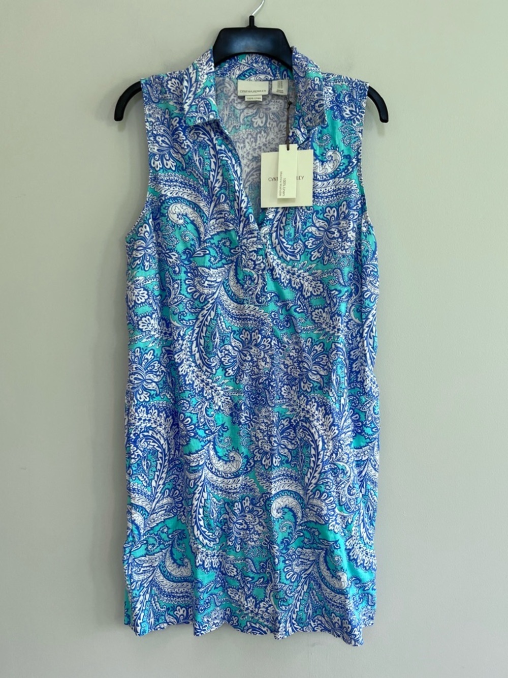 Cynthia Rowley NWT 100% Linen Blue Green Paisley Sleeveless Shift Dress, 10